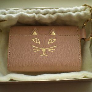 NWT Designer Charlotte Olympia Calfskin Leather Blush Feline Keychain Purse $325
